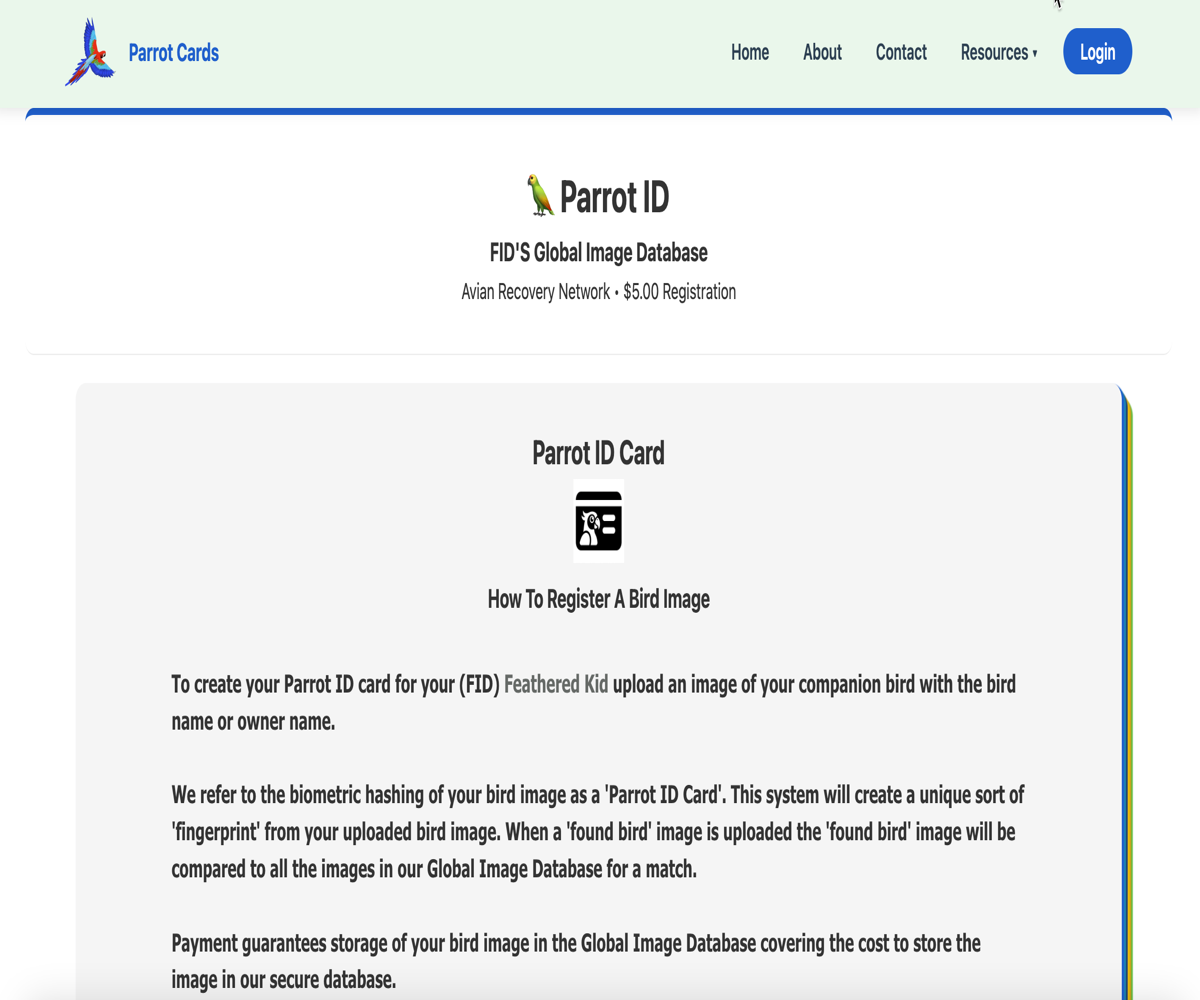 Parrot ID Home page screenshot.