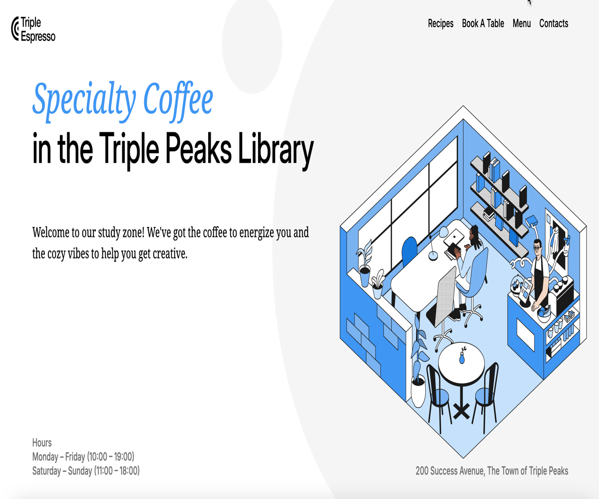 Triple Peaks Library Coffee Shop project Home page screenshot.